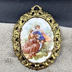 Vintage Courting Couples Pendant‎ Gold Tone Porcelain Victorian Revival